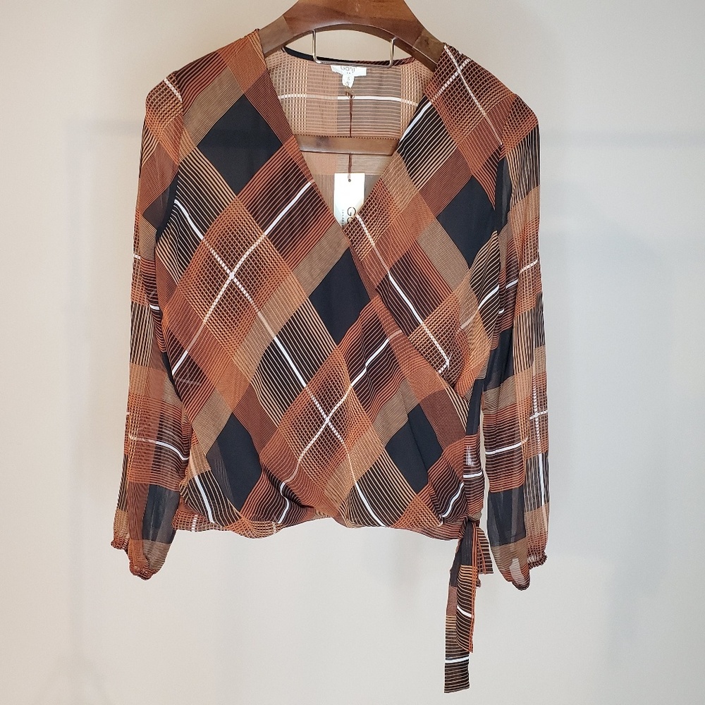 NWT Ganji LA Blouse Black Rust Orange Plaid Sheer